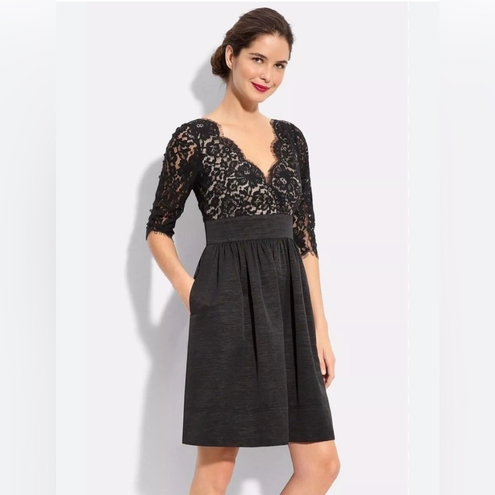 ELIZA J 8 black Lace & faille cocktail midi length sexy whimsigoth dress LBD